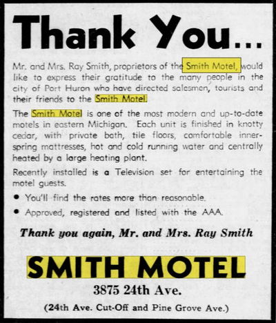 Smiths Motel (Northway Inn, Gaslite Motor Lodge, Shulz Bavarian Inn & Motel) - May 1950 Ad (newer photo)
